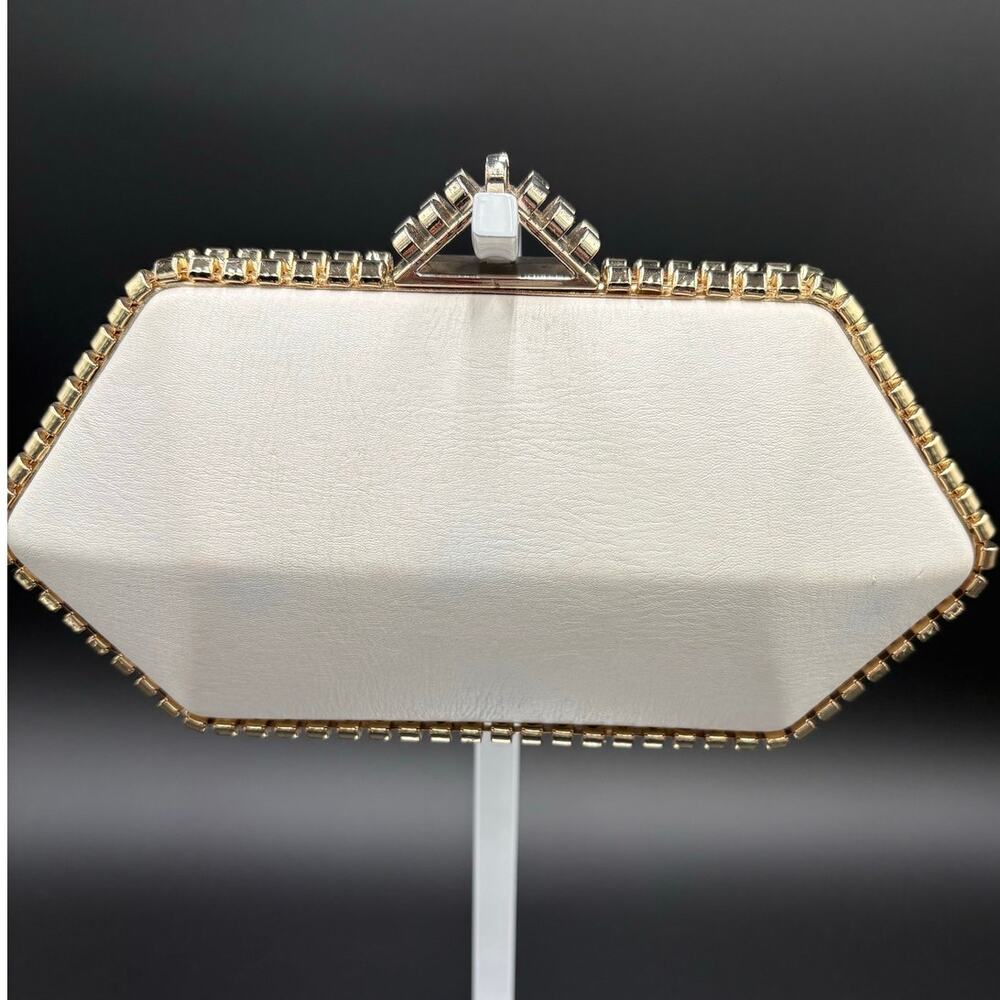 Kate Landry Geometric Evening Clutch White Gold Rhinestone Trim Faux Leather 8x4